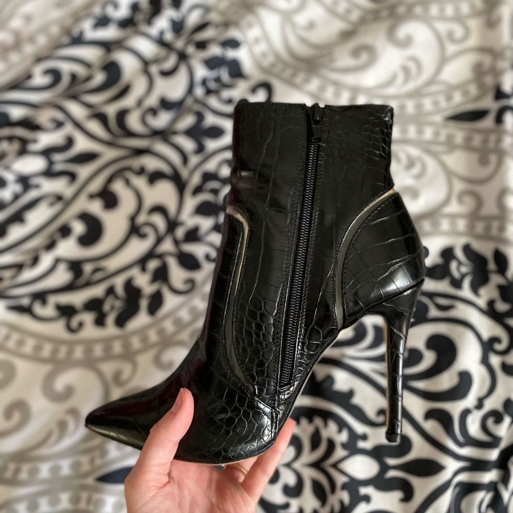 Call It Spring Black Croc-Pattern Heeled Boots
